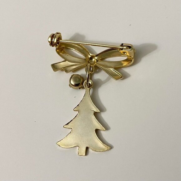 Vintage Christmas Pin Brooch Bow Tree Green Rhinestone Dangle - Picture 5 of 12
